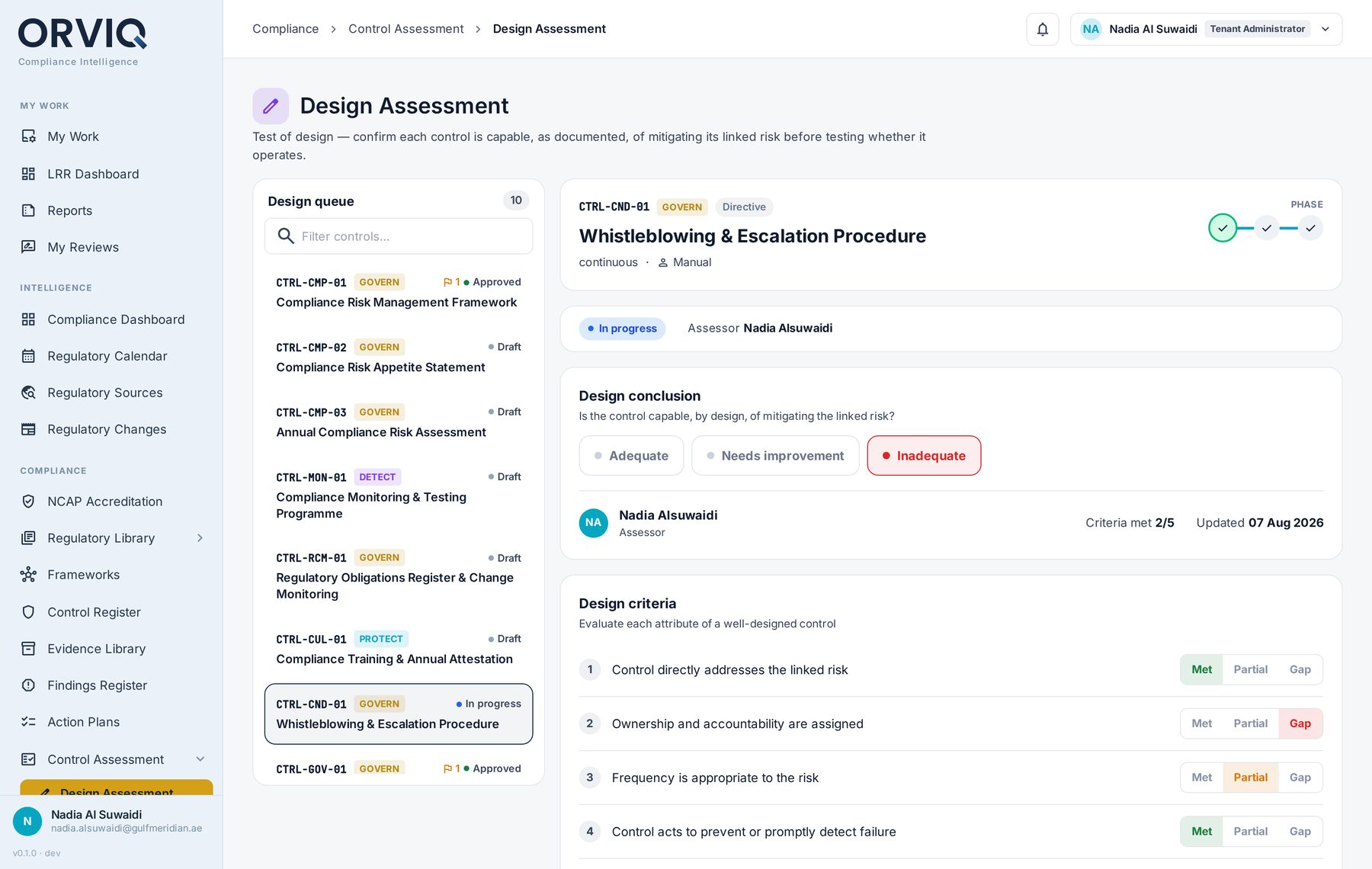 Control assessment screen with a design conclusion and individually rated design criteria.