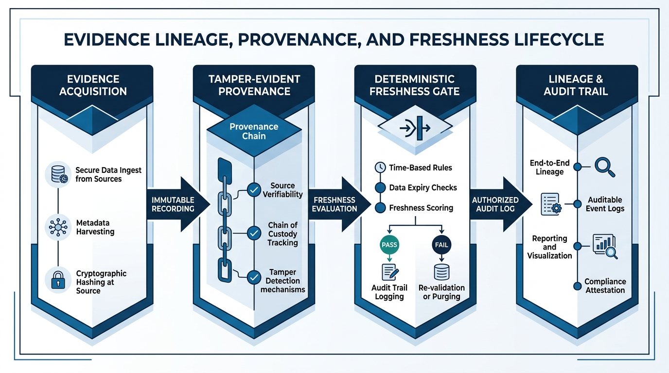 OrviQ Evidence Lineage: Source artefacts flowing to Control Tests with Freshness Verification and 2LOD Sign-off